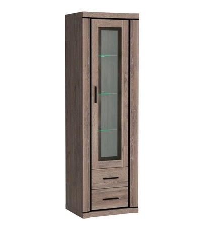 Witryna Dallas 58 cm dąb truflowy / czarny stylowa witryna z szufladami do salonu elementy z bezpiecznego szkła stylowe czarne uchwyty