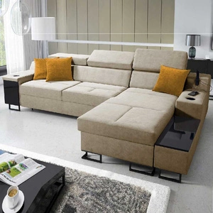 Narożnik z funkcją spania Alcamo beżowy prawostronny elegancki i stylowy narożnik z dostawką praktyczna szuflada w boczku mebla