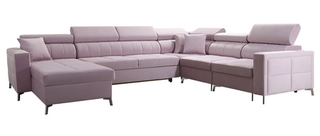 Narożnik z funkcją spania Nausa VII pudrowy róż lewostronny elegancki narożnik do salonu wykonany z miękkiej tkaniny typu velvet