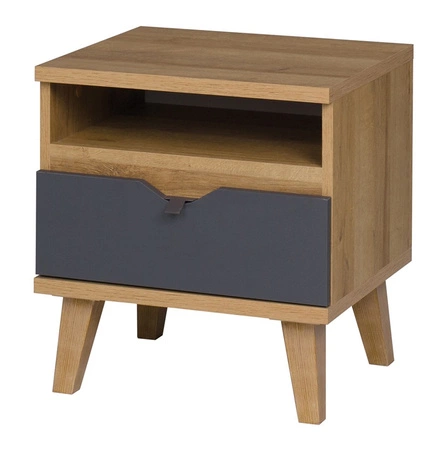 Szafka nocna z szufladą Memone dąb złoty/ grafitowy stylowa szafka do sypialni lub pokoju młodzieżowego w stylu skandynawskim