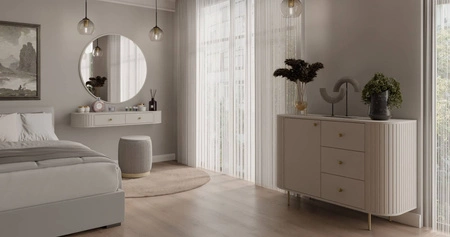 Komoda z szufladami Ovalio 123 cm beżowa elegancka komoda o wyjątkowo stylowym designie owalny kształt podkreślony frezowaniami