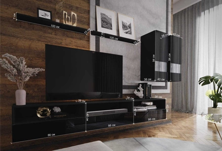 Meblościanka Kiria czarna / czarny połysk uniwersalna i stylowa meblościanka do salonu system otwierania drzwi i szuflad push to open