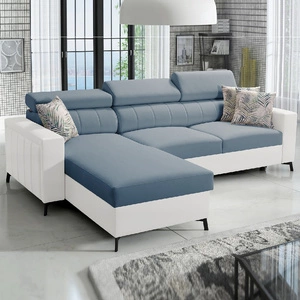 Narożnik z funkcją spania Savona błękitny / biały lewostronny elegancki narożnik z regulowanymi zagłówkami dekoracyjne przeszycia