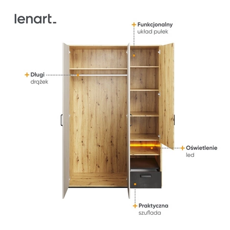 Szafa Qubic 130 cm dąb artisan / raw steel / silk flou pojemna szafa z ciekawym układem funkcjonalnym i oświetleniem ledowym