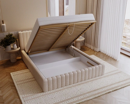 Łóżko tapicerowane Naomi 140x200 jasny beż nowoczesny design łóżko z pojemnikiem na pościel z komfortowym zagłówkiem