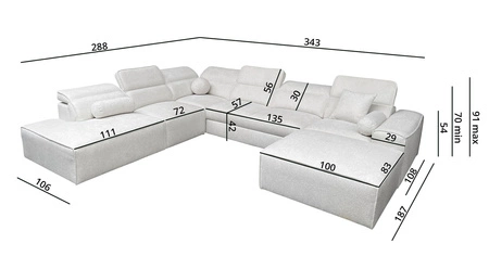 Narożnik z funkcją spania Viano X szary prawostronny designerski narożnik do salonu w nowoczesnym stylu regulowane zagłówki