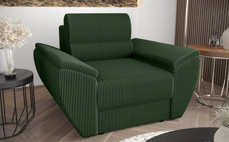 Fotel Fogu zielony nowoczesny design wygodny fotel do salonu sztruksowa tkanina o wyrazistych prążkach szerokie podłokietniki