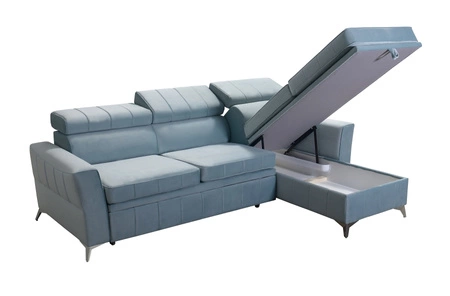 Narożnik z funkcją spania Rava żółty prawostronny velvet komfortowy i funkcjonalny narożnik z regulowanymi zagłówkami