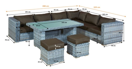 Zestaw mebli ogrodowych Maestoso szary niebanalny design modułowy narożnik ogrodowy komplet technorattanowy z dużym stołem i pufami
