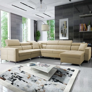 Narożnik z funkcją spania Nausa VII beżowy prawostronny elegancki narożnik do salonu wykonany z miękkiej tkaniny typu velvet