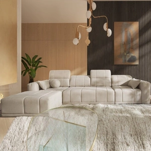 Narożnik z funkcją spania Cetara XII beżowy lewostronny stylowy design komfortowe przesuwane oparcia dwa pojemniki na pościel