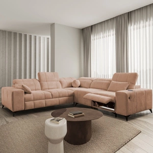 Narożnik z funkcją spania Penejos III Lux łososiowy prawostronny wygodny narożnik do salonu z wysuwanym podnóżkiem pojemnik na pościel