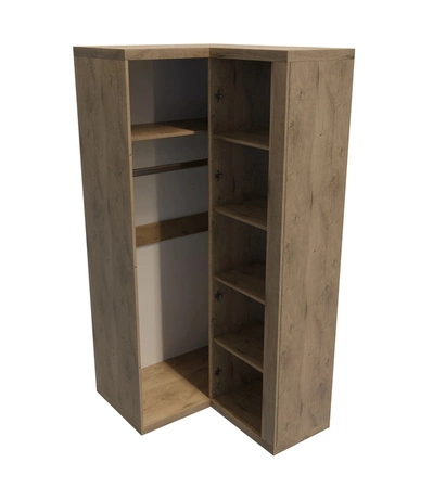 Szafa narożna Natural dąb ribbeck funkcjonalna szafa wyposażona w drążek na ubrania wiszące i półki metalowe srebrne uchwyty