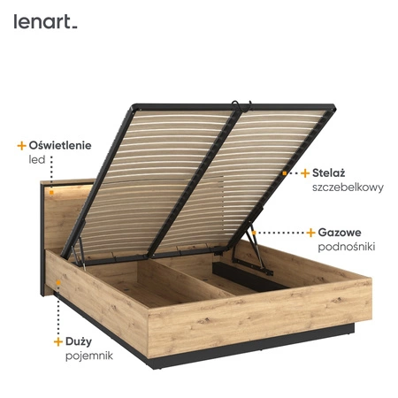 Łóżko Quant 160x200 cm dąb artisan / czarny wygodne łóżko do sypialni z pojemnikiem na pościel zagłówek wzbogacony o oświetlenie LED