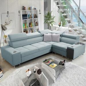 Narożnik z funkcją spania Dafni II arktyczny błękit prawostronny pleciony narożnik z pojemnikiem na pościel szuflada w boczku mebla