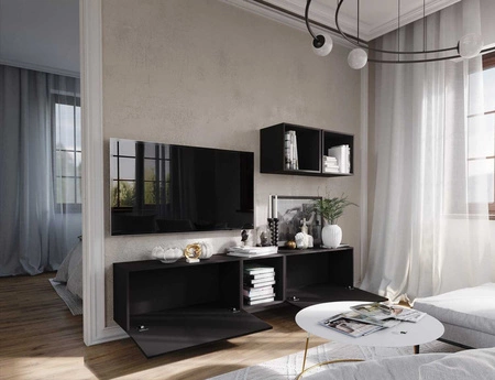 Meblościanka Glifa czarna / czarny połysk stylowa i ergonomiczna meblościanka do każdego wnętrza system otwierania drzwi push to open