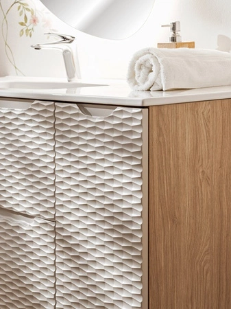 Szafka łazienkowa wisząca Ocean 30 cm dąb olejowany / beżowy stylowa szafka pod blat oryginalne poziome ryflowanie w kształcie fal