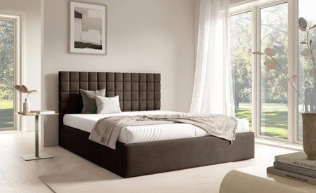 Łóżko tapicerowane Graso 180x200 brązowe nowoczesne i eleganckie łóżko gustowny symetryczny wzór na wezgłowiu pojemnik na pościel