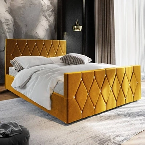 Łóżko tapicerowane Tifton 180x200 musztardowe z pojemnikiem w nowoczesnym stylu z charakterystycznym wezgłowiem oraz z zanóżkiem wykończone kryształkami
