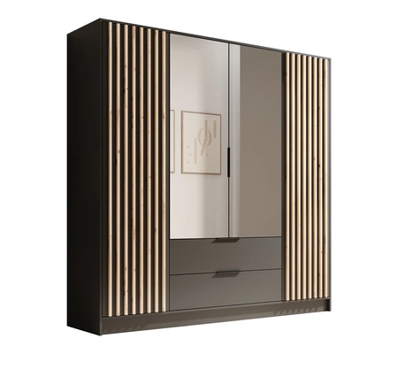 Szafa z lustrem Neri 200 cm czarna stylowe lamele zdobiące drzwi szafy pojemne szuflady uchwyty krawędziowe