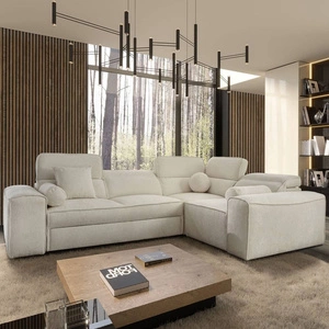 Narożnik z funkcją spania Viano II kremowy prawostronny designerski narożnik rozkładany idealnie wpisujący się w nowoczesne aranżacje