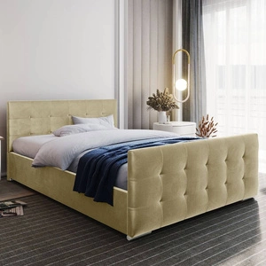 Łóżko tapicerowane Verlan 180x200 beżowe z pojemnikiem w nowoczesnym skandynawskim stylu z pikowanym zagłówkiem oraz zanóżkiem