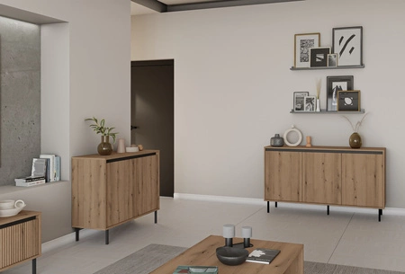 Komoda Osaka 149 cm dąb evoke / czarny minimalistyczny design doskonała propozycja komody do salonu i sypialni gustowny ryflowany front