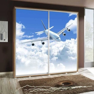 Szafa przesuwna Artistino 205 cm z grafiką samolot korpus szafy w kolorze dąb catania wykonany z płyty o grubości 22mm