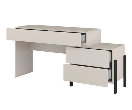 Biurko z komodą Jukon S 143 cm beżowe elegancka forma mebla w nowoczesnym stylu system otwierania push to open metalowe czarne nogi