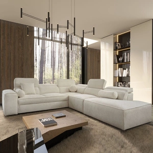 Narożnik z funkcją spania Viano IX kremowy prawostronny stylowy narożnik z pojemnikami na pościel idealny mebel do dużego salonu