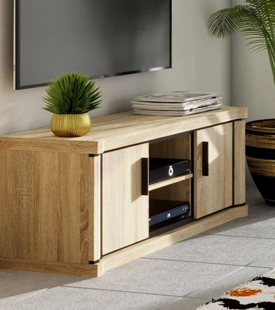 Szafka RTV Dallas 137 cm dąb sonoma / czarny nowoczesny design mebla wzbogacony o stylowe czarne dodatki