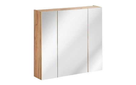 Zestaw mebli łazienkowych Capri biały połysk / dąb craft złoty funkcjonalne szafki łazienkowe z metalowymi uchwytami krawędziowymi