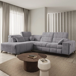 Narożnik z funkcją spania Penejos VII jasny szary lewostronny stylowy narożnik z pojemnikiem na pościel wygodne regulowane zagłówki