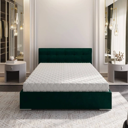 Łóżko tapicerowane Montigo 140x200 butelkowa zieleń z pojemnikiem w nowoczesnym skandynawskim stylu z pikowanym zagłówkiem