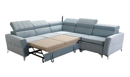 Narożnik z funkcją spania Rava IV brązowy prawostronny velvet komfort podczas codziennego wypoczynku pojemnik na pościel