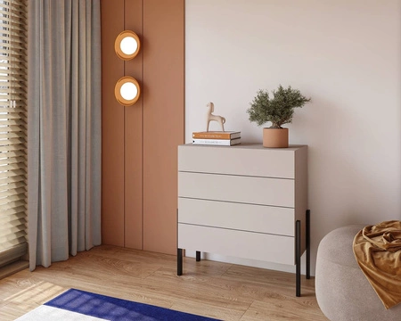 Komoda z szufladami Jukon S 80 cm beżowa gustowna forma mebla w nowoczesnym stylu system otwierania push to open metalowe czarne nogi