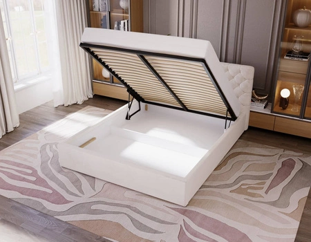 Łóżko tapicerowane Ombo 180x200 beżowe stylowe łóżko z pojemnikiem na pościel wygodny zagłówek zachwyca eleganckim designem