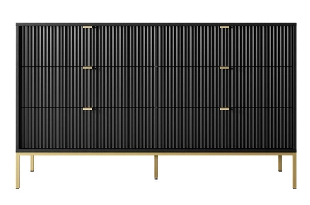 Komoda z szufladami Lovro 154 cm czarna nowoczesny design zachwyci miłośników wyrazistych wnętrz ryflowane fronty złote dodatki