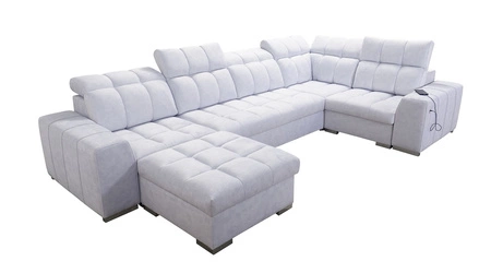 Narożnik z funkcją spania Luigi IV jasny beż lewostronny elegancki narożnik do salonu wykonany z miękkiej tkaniny typu velvet