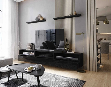 Szafka RTV wisząca Kaires 258 cm czarna / czarny połysk z półkami elegancki i stylowy design wpisujący się w każde wnętrze