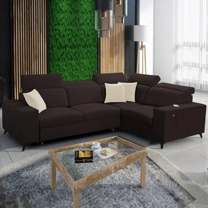 Narożnik z funkcją spania Kelly Sleek II brązowy prawostronny elegancki narożnik do salonu wykonany z wytrzymałej plecionej tkaniny
