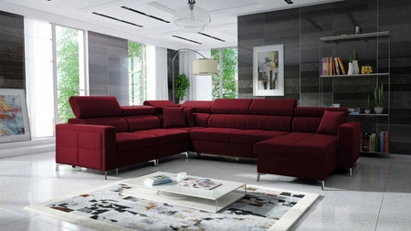 Narożnik z funkcją spania Nausa VII bordowy prawostronny elegancki narożnik do salonu wykonany z miękkiej tkaniny typu velvet