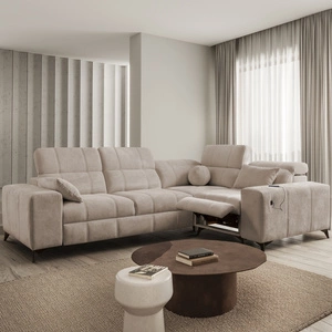 Narożnik z funkcją spania Penejos II Lux ciemny beżowy prawostronny wygodny narożnik do salonu z komfortowym wysuwanym podnóżkiem