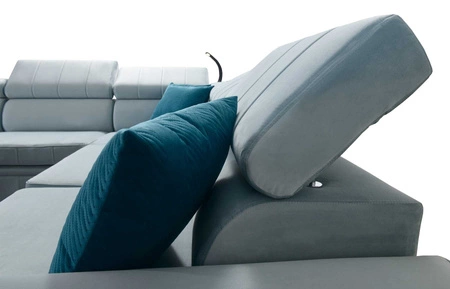 Narożnik z funkcją spania Rava IV jasny beż lewostronny velvet komfort podczas codziennego wypoczynku pojemnik na pościel