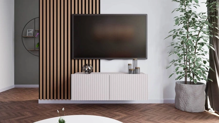 Szafka RTV Colder 100 cm beżowa z możliwością podwieszenia stylowy ryflowany front elegancka forma mebla w nowoczesnym stylu