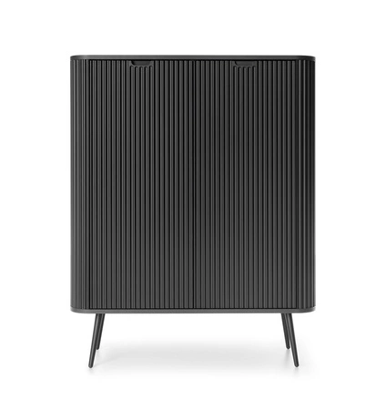 Komoda Zoya 103 cm czarna elegancki design owalny kształt bryły osadzony na czarnych metalowych nogach gustowny ryflowany front