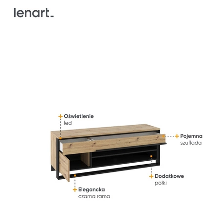 Szafka RTV Quant 155 cm dąb artisan / czarny oryginalny design szafka pod telewizor w stylu loftowym subtelne oświetlenie LED