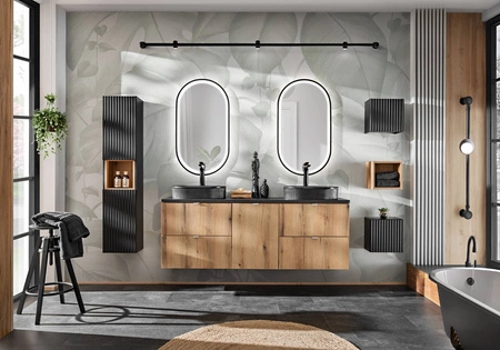 Zestaw mebli łazienkowych Nova dąb coast evoke / czarny stylowe szafki łazienkowe modne zestawienie gładkich i ryflowanych frontów