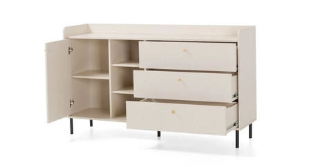 Komoda z szufladami Ferdi 154 cm beż piaskowy elegancka komoda do salonu z metalowymi złotymi uchwytami wysokie ranty blatu