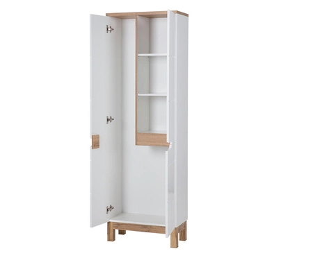 Słupek łazienkowy Bali 60 cm biały połysk / dąb wotan pojemna szafka stojąca ze schowkiem na m i półkami frezowane uchwytyopa